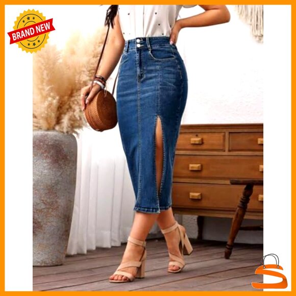 Stretch Denim Midi Skirt High Waist Side Slit Pockets Casual Wear - Picture 5 of 5